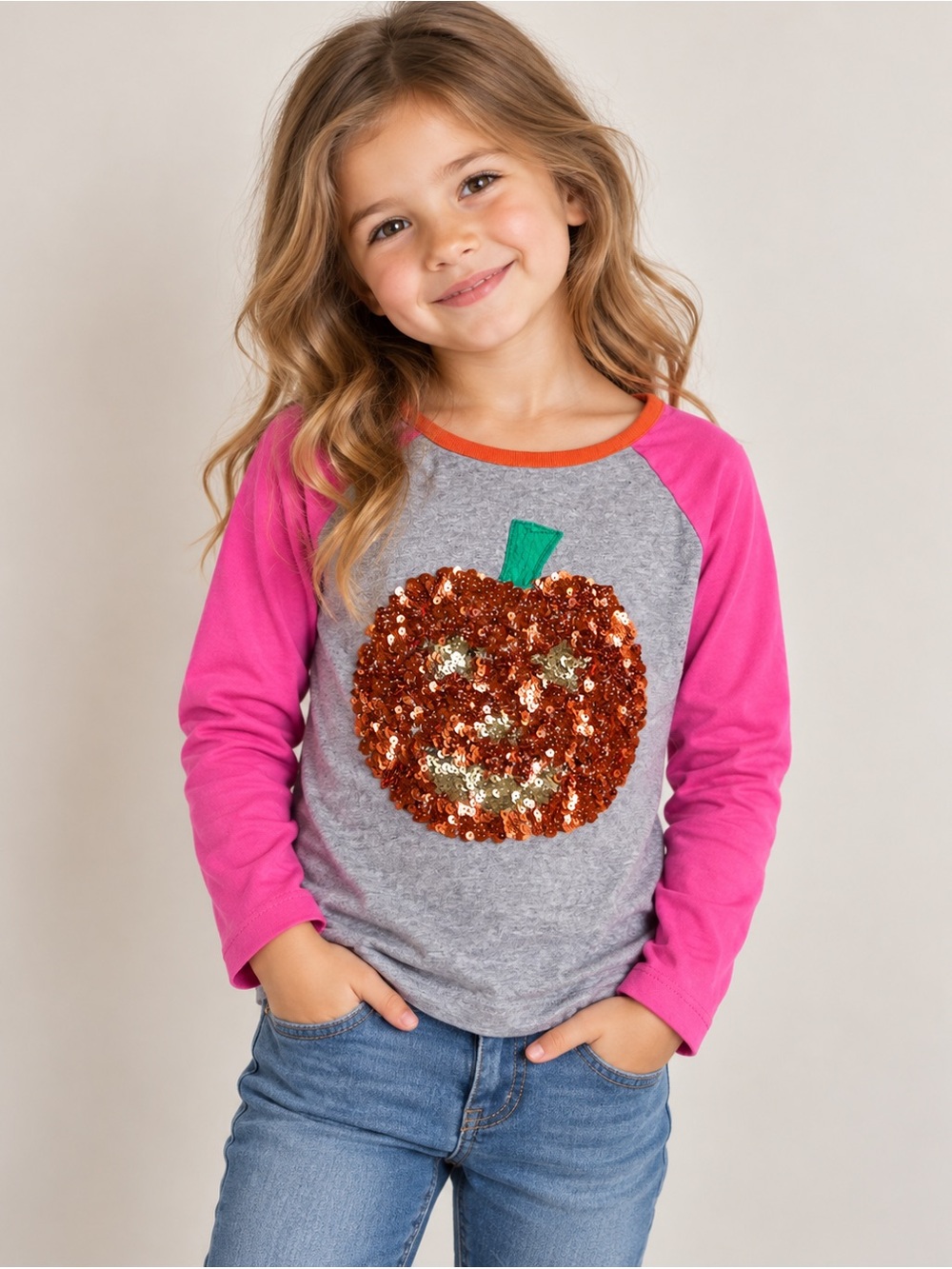 Mini Boden Gray & Pink Raglan Long-Sleeve Tee with Sequin Pumpkin